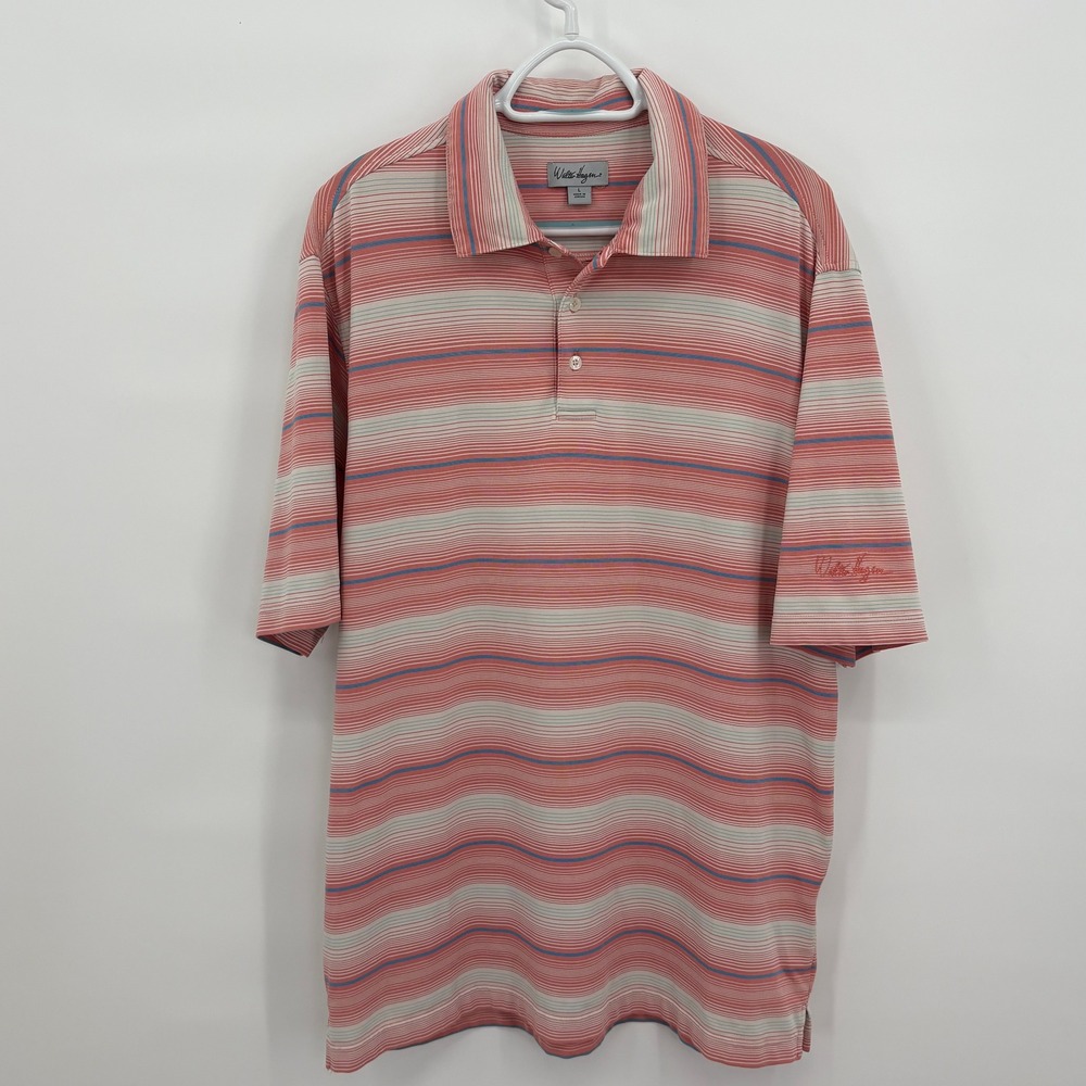 Walter Hagen Mens Large Red White Blue Striped Golf Polo Shirt Short Sleeve L